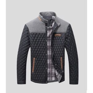 Mens Diamond Quilted Jacket Business Casual Button Down Light Faux Suede Trim XL